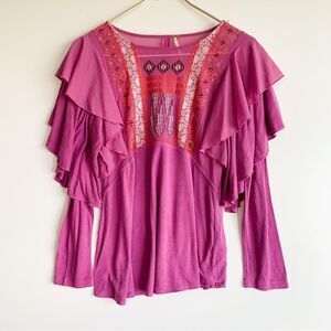 Free People Wisteria Mesh Ruffle Embroidered Top